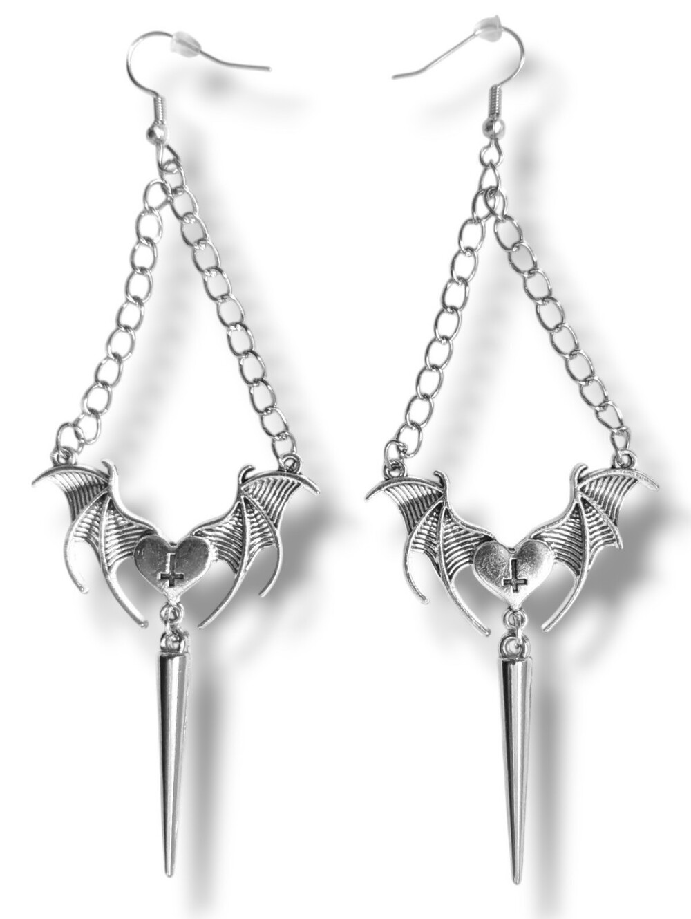 NWT Handmade Silver Heart With Bat Wings And Silver Spike Chain Earrings